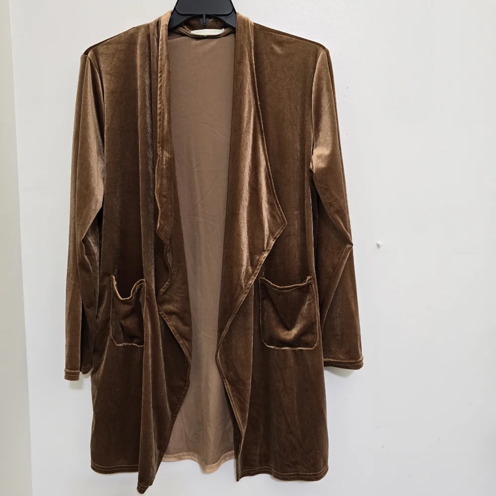 HIPSTER ROW size XL Draping Open Front Velour Cardigan Front Patch Pockets Brown